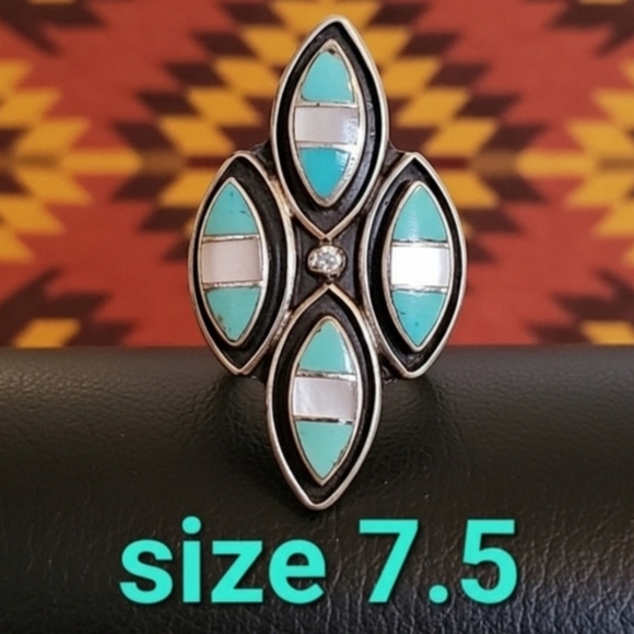 Native American Jewelry - Turquoise Sterling Silver Native American Women's Statement Ring Size 7.5